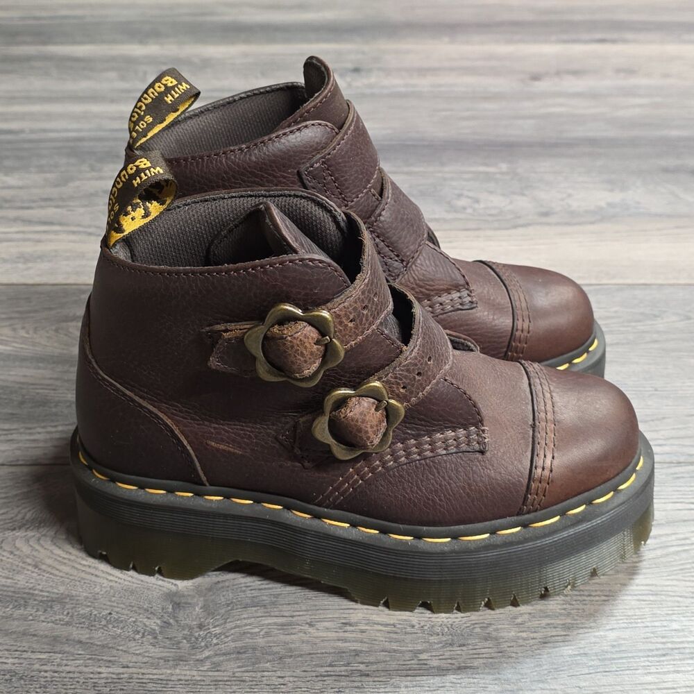 Dr. Martens Women’s Devon Flower Buckle Platform Ankle Boots Brown Leather Sz 7